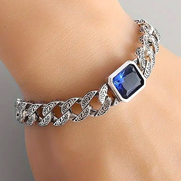 Stainless Steel Sapphire Chain Link Bracelet, Curb Engraved - Picture 2 of 6
